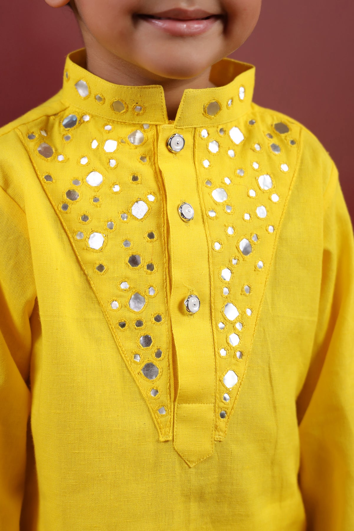 Boy Nawabi Mirror Kurta Set-Yellow