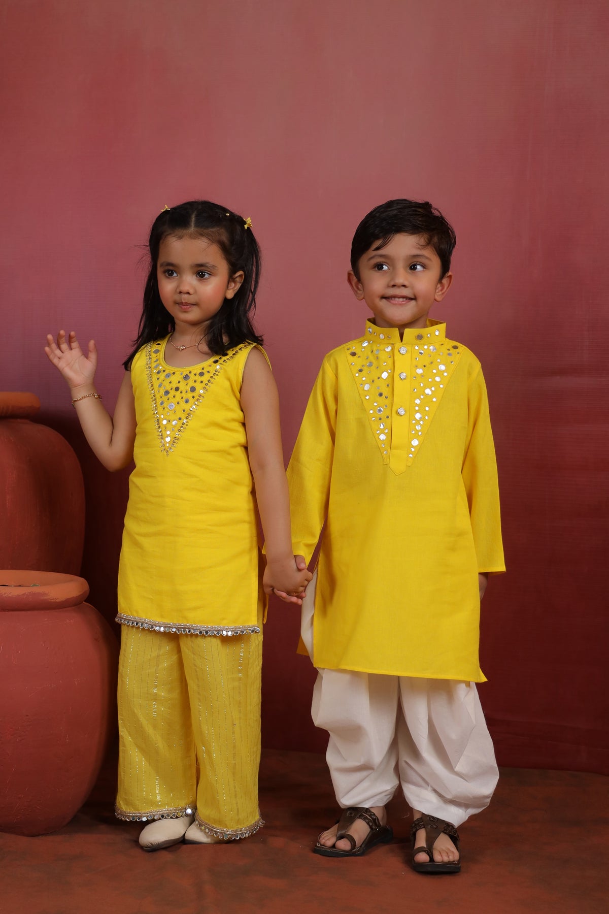 Girl Royal Mirror Kurta Palazzo Set -Yellow