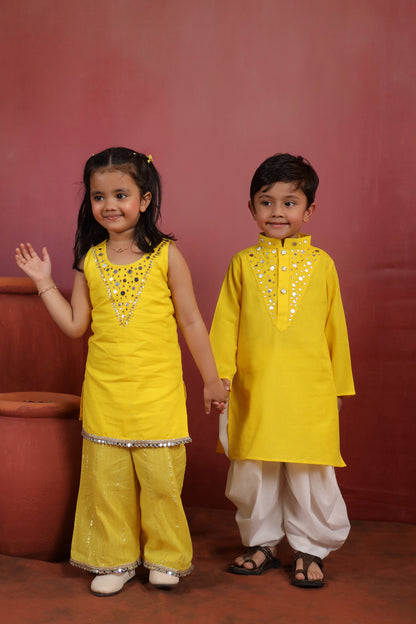 Boy Nawabi Mirror Kurta Set-Yellow