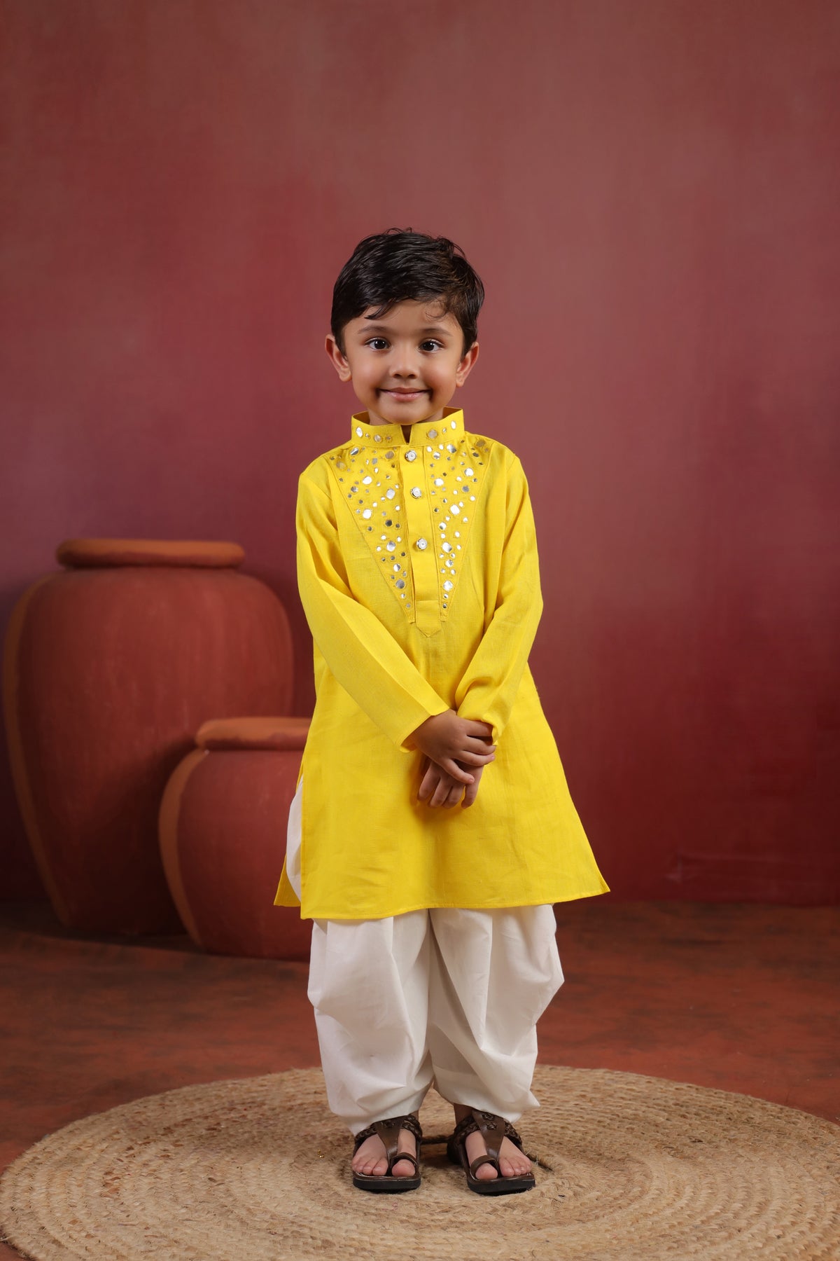 Boy Nawabi Mirror Kurta Set-Yellow