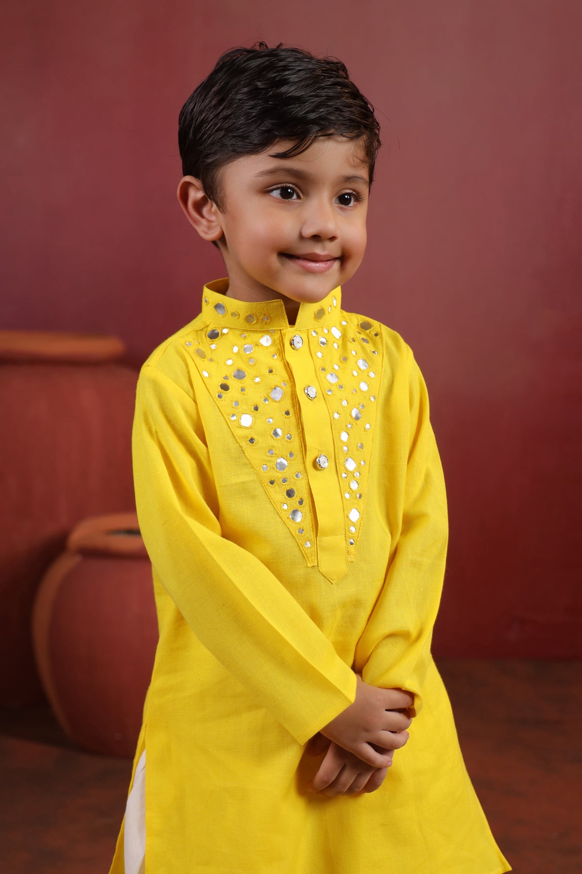 Boy Nawabi Mirror Kurta Set-Yellow