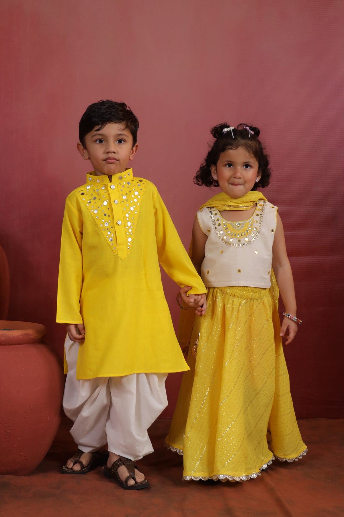 Boy Nawabi Mirror Kurta Set-Yellow