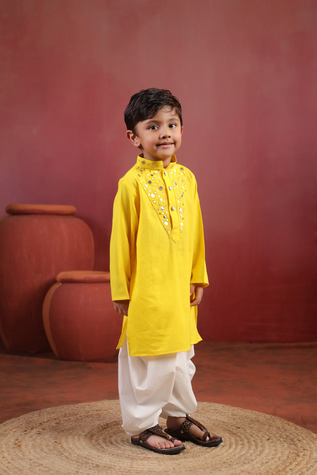 Boy Nawabi Mirror Kurta Set-Yellow