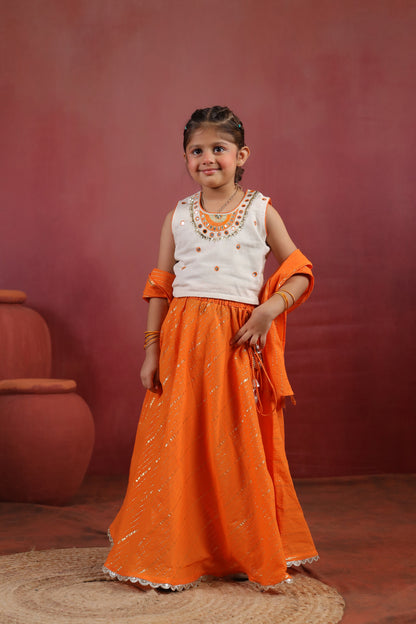 Girl Queen Embroidered Skirt Top Set - Orange