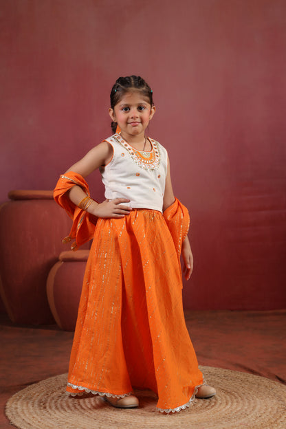 Girl Queen Embroidered Skirt Top Set - Orange