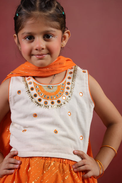 Girl Queen Embroidered Skirt Top Set - Orange
