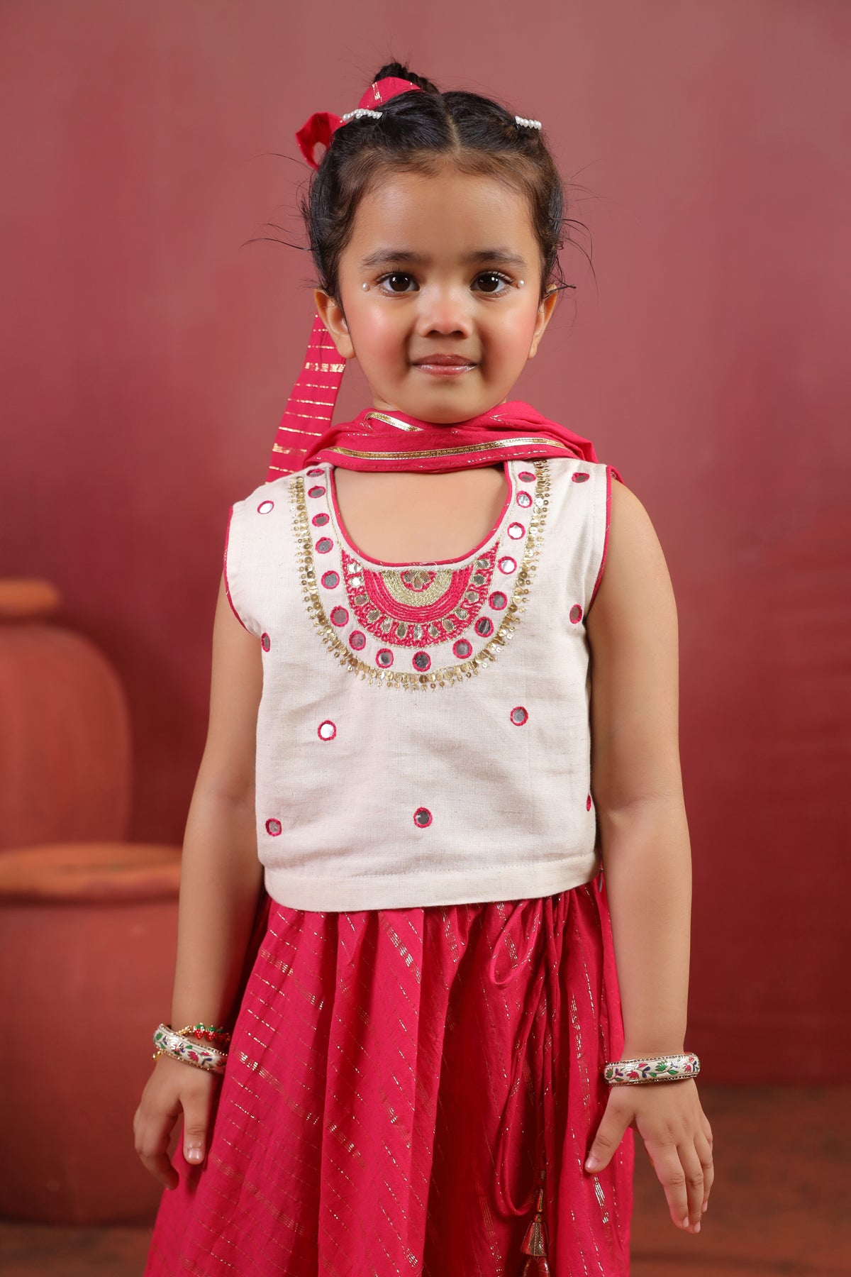 Girl Queen Embroidered Skirt Top Set - Magenta