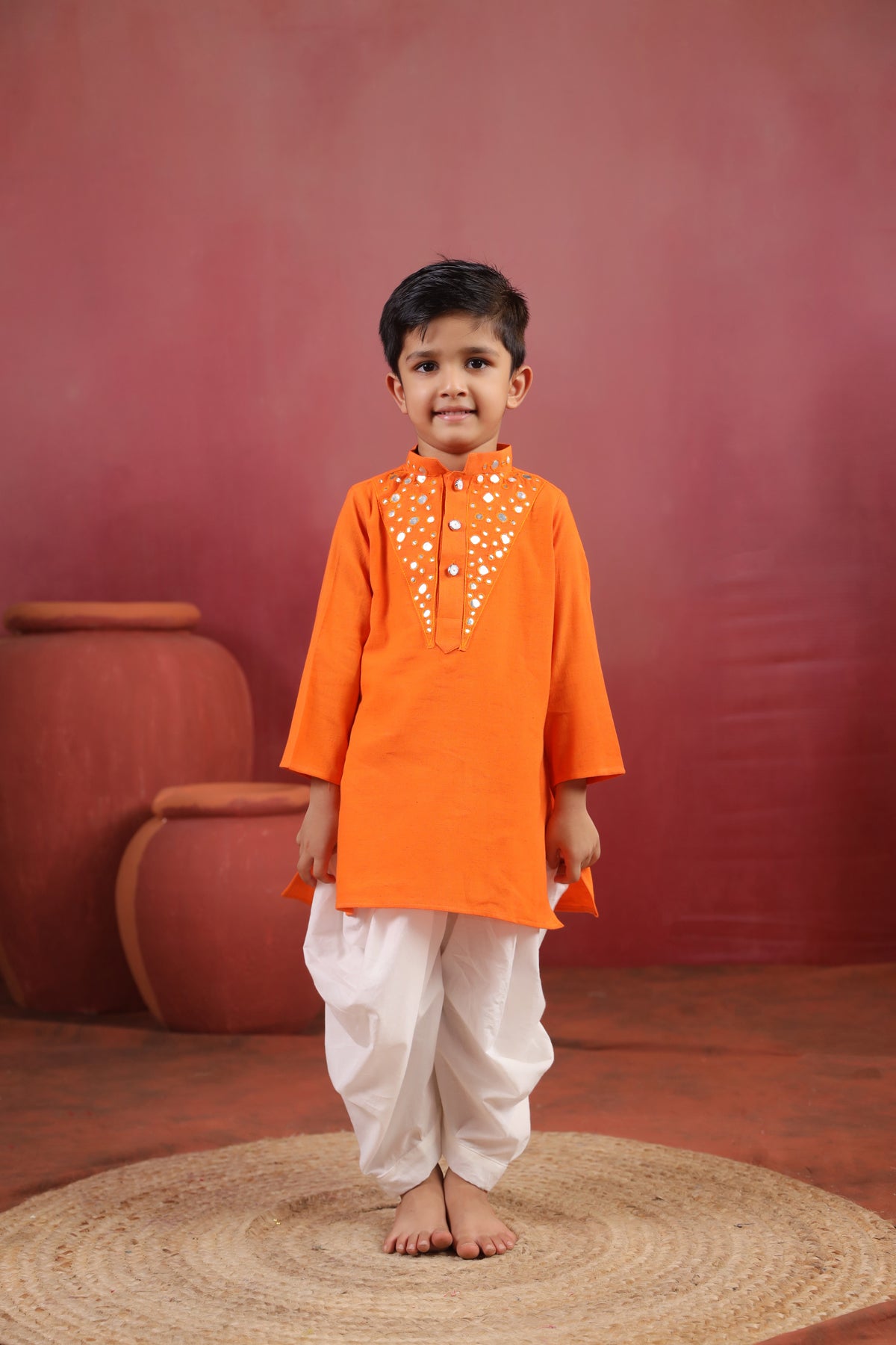 Boy Nawabi Mirror Kurta Set-Orange