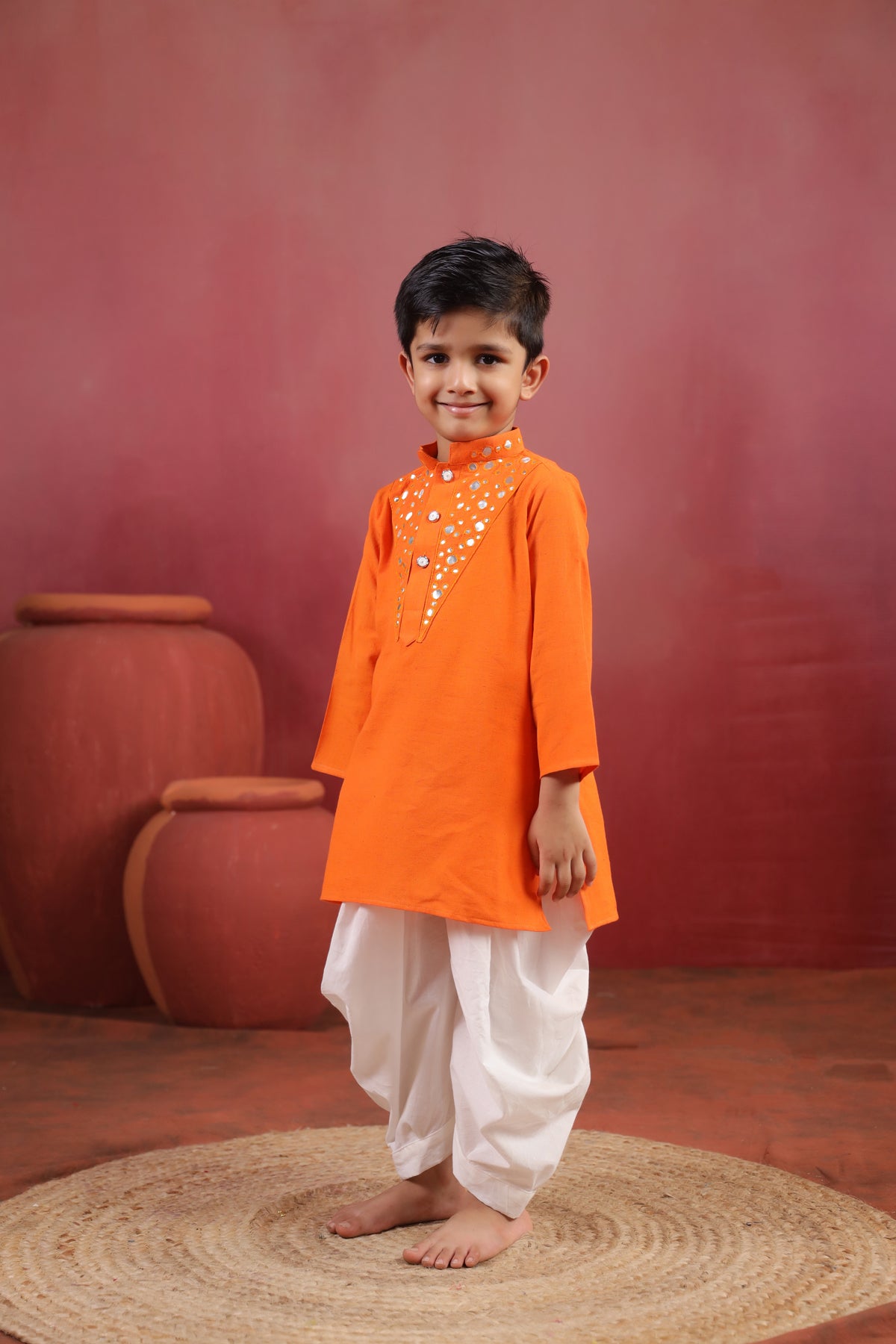 Boy Nawabi Mirror Kurta Set-Orange