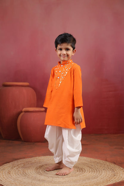 Boy Nawabi Mirror Kurta Set-Orange