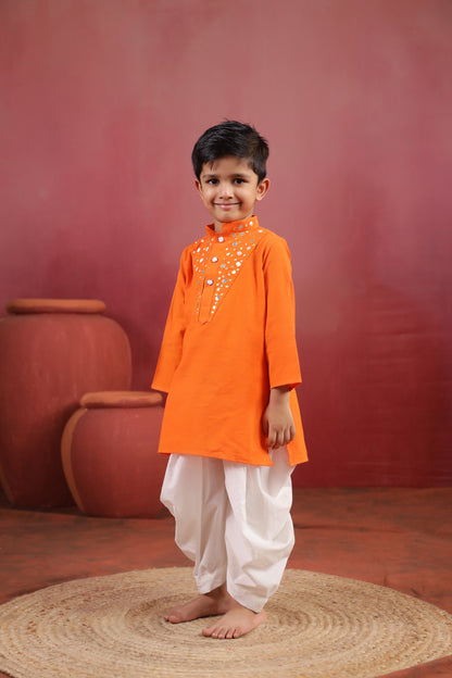 Boy Nawabi Mirror Kurta Set-Orange