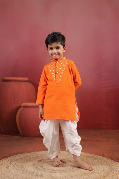 Boy Nawabi Mirror Kurta Set-Orange