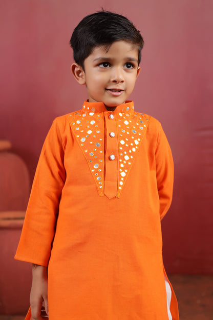 Boy Nawabi Mirror Kurta Set-Orange