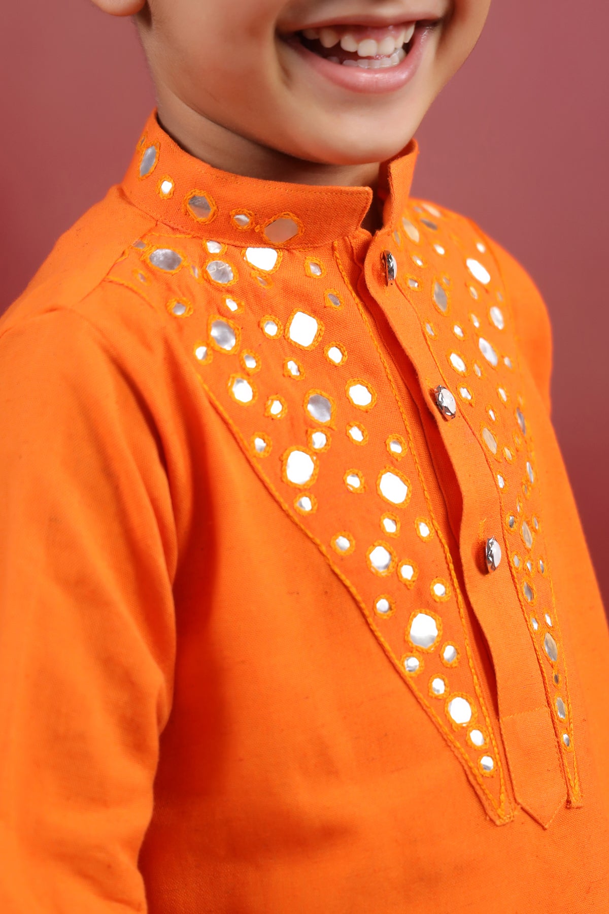 Boy Nawabi Mirror Kurta Set-Orange