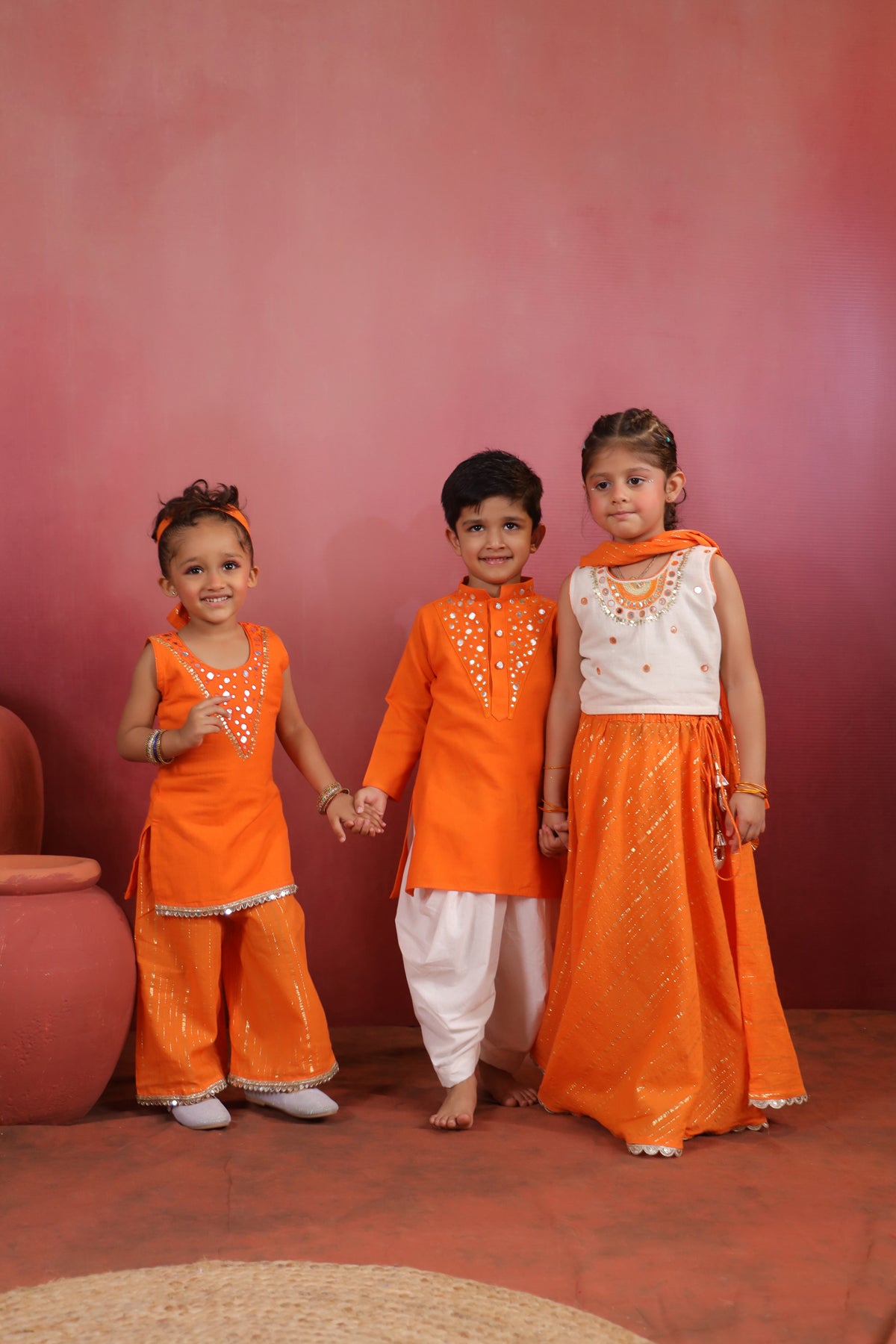 Boy Nawabi Mirror Kurta Set-Orange