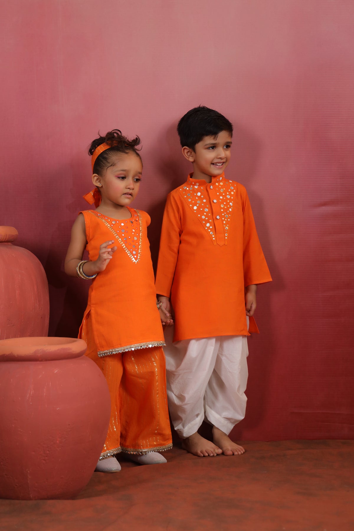 Boy Nawabi Mirror Kurta Set-Orange