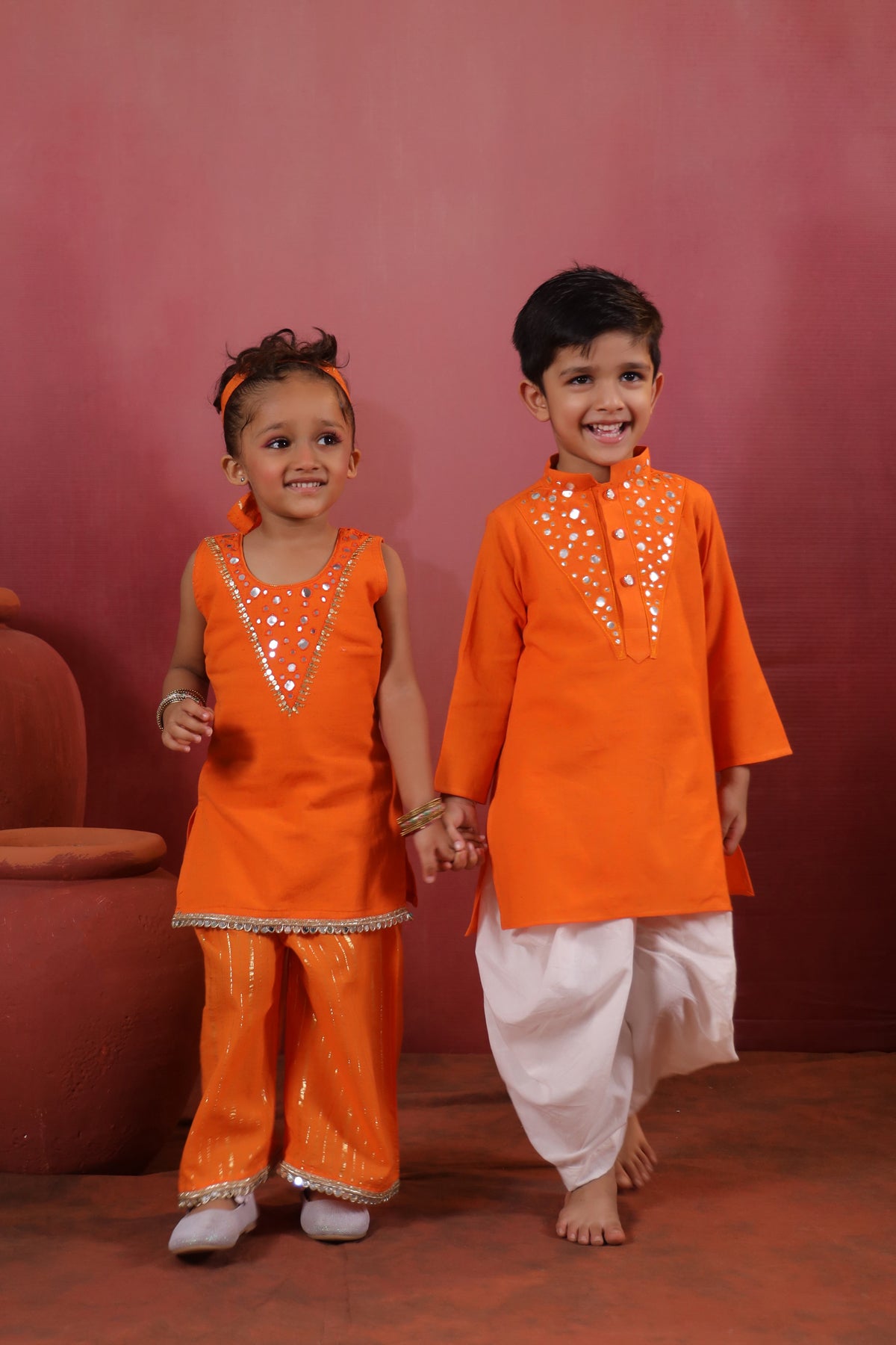 Boy Nawabi Mirror Kurta Set-Orange