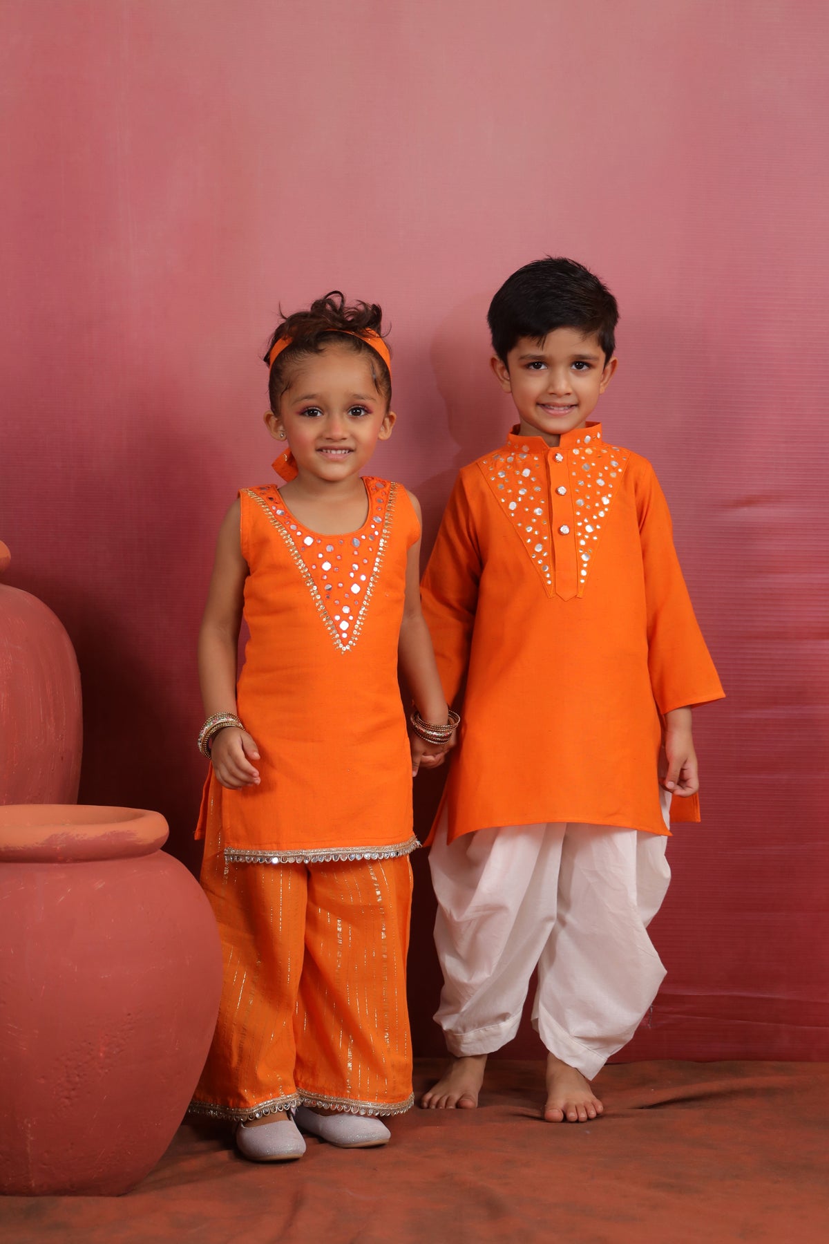 Girl Royal Mirror Kurta Palazzo Set - Orange