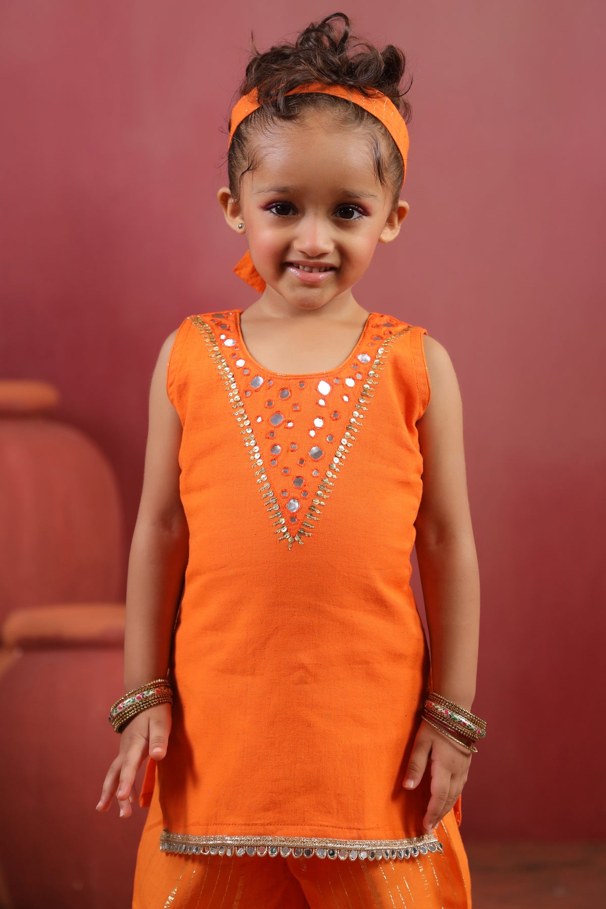 Girl Royal Mirror Kurta Palazzo Set - Orange