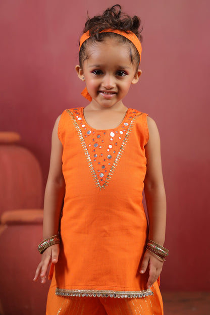 Girl Royal Mirror Kurta Palazzo Set - Orange
