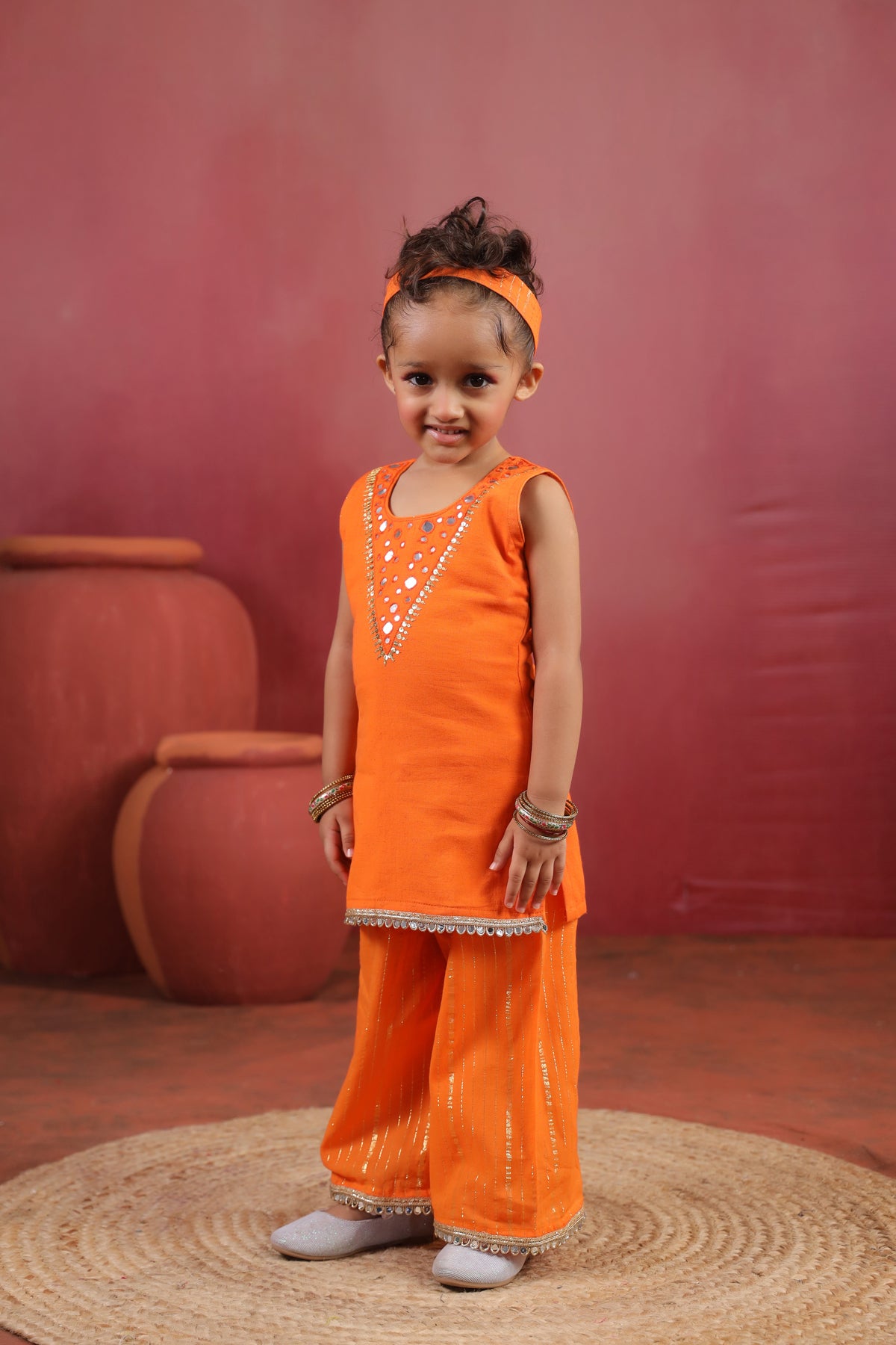 Girl Royal Mirror Kurta Palazzo Set - Orange