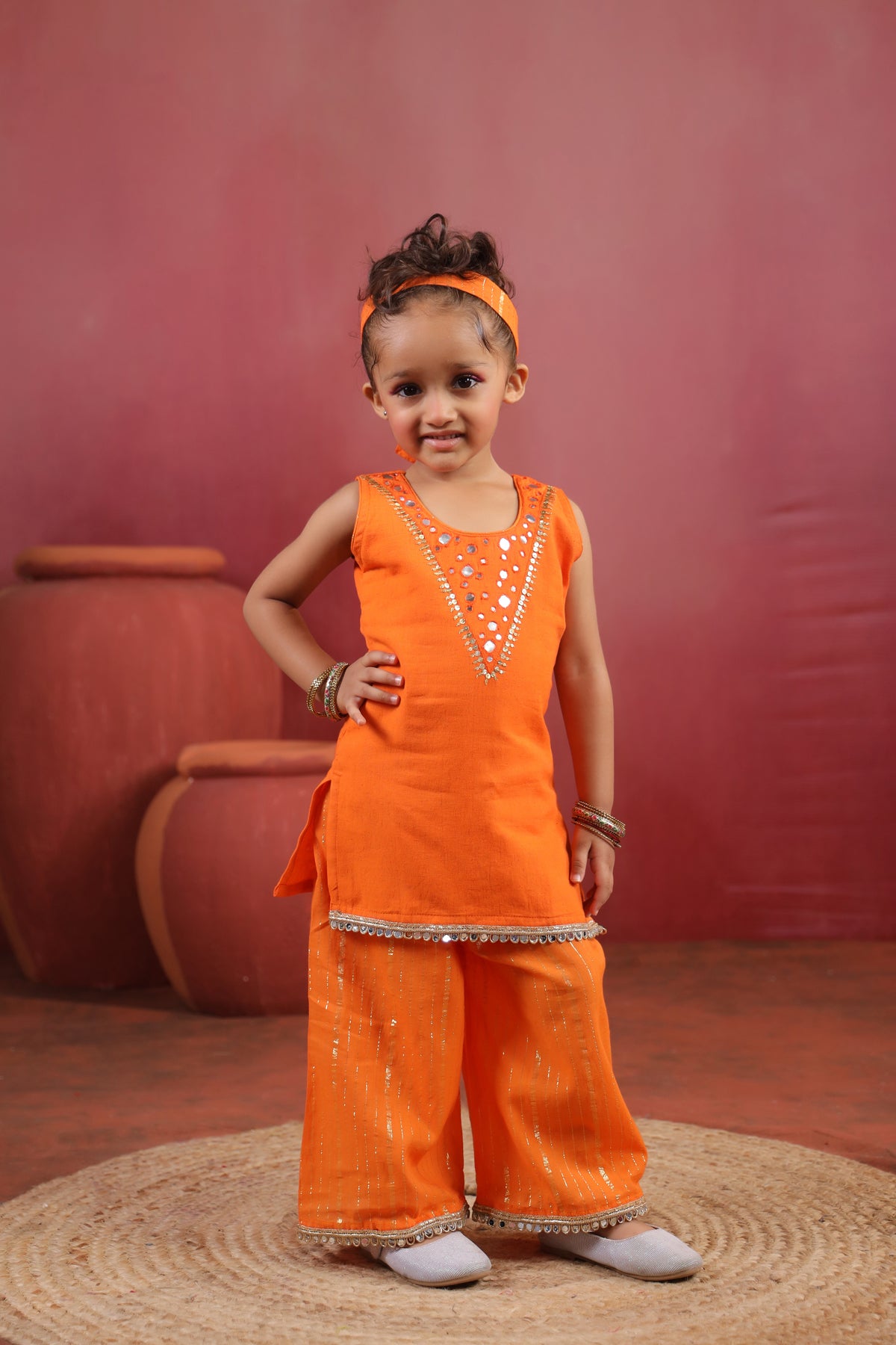 Girl Royal Mirror Kurta Palazzo Set - Orange