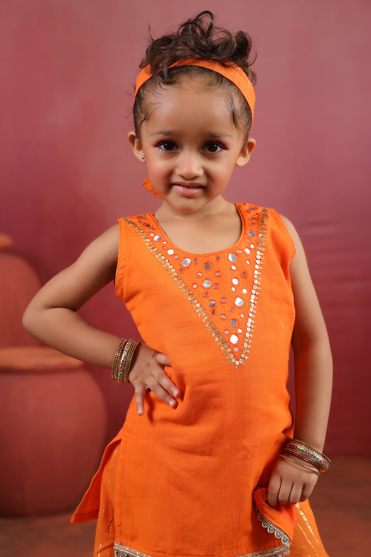 Girl Royal Mirror Kurta Palazzo Set - Orange