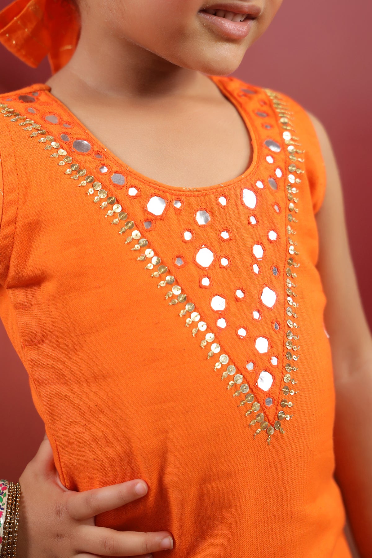 Girl Royal Mirror Kurta Palazzo Set - Orange