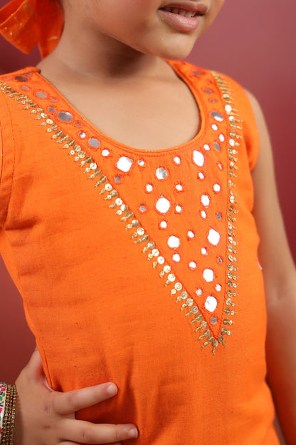Girl Royal Mirror Kurta Palazzo Set - Orange