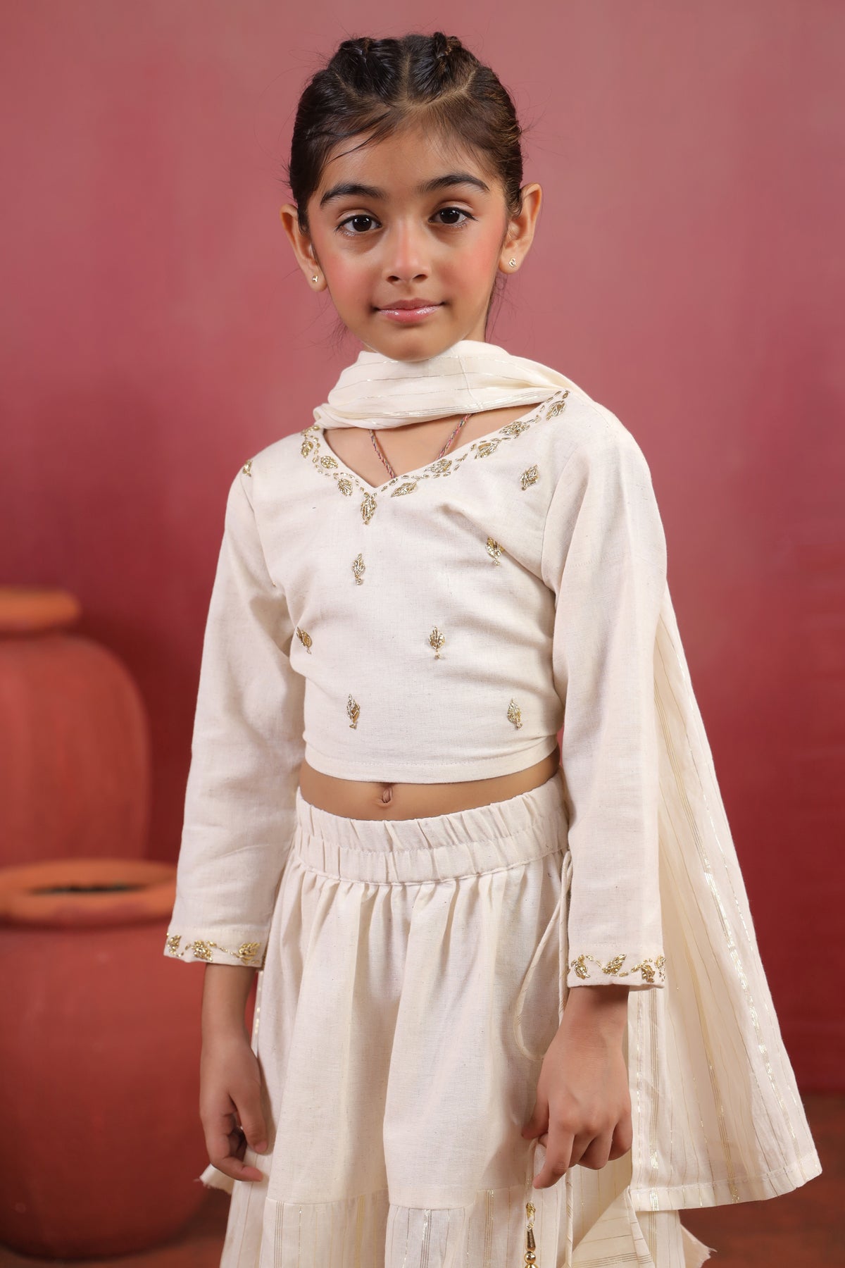 Girl Rani Embroidered Skirt Top Set -White