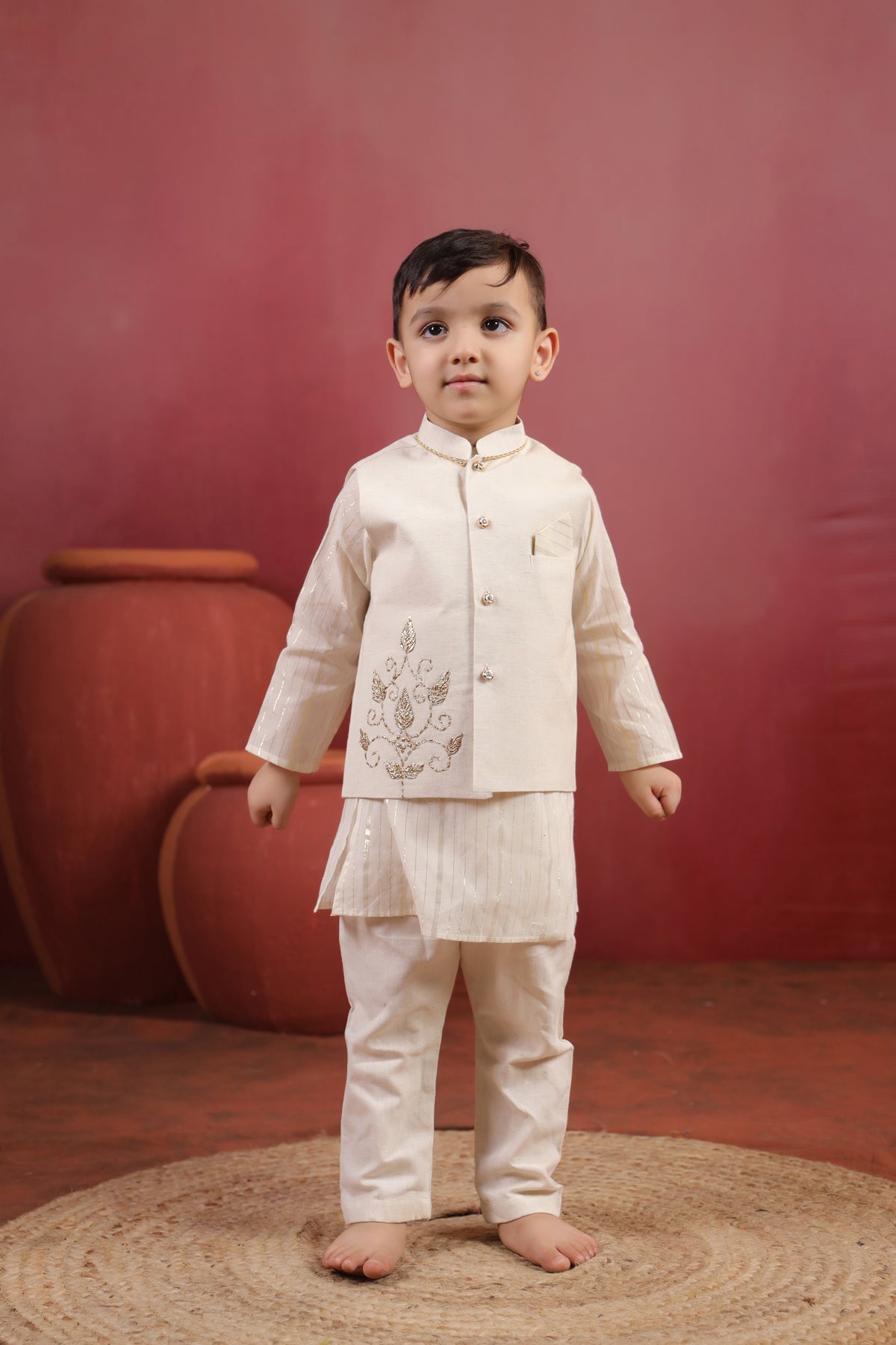 Boy 3 Pc Royal Zardozi Bundy Set - White