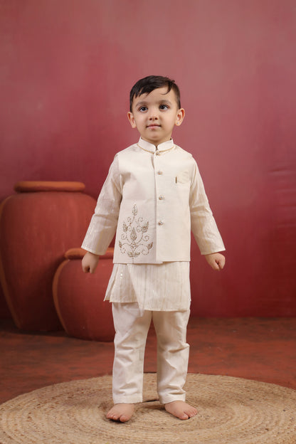 Boy 3 Pc Royal Zardozi Bundy Set - White