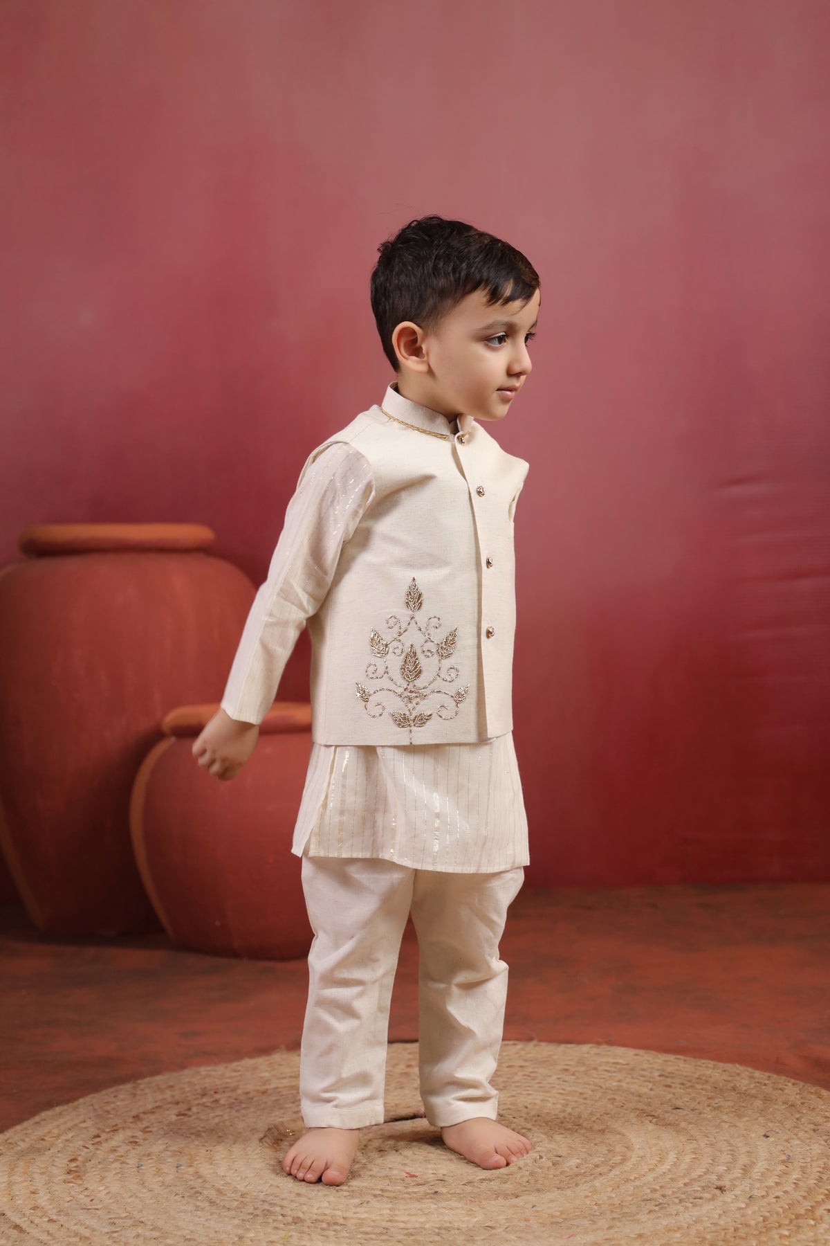 Boy 3 Pc Royal Zardozi Bundy Set - White