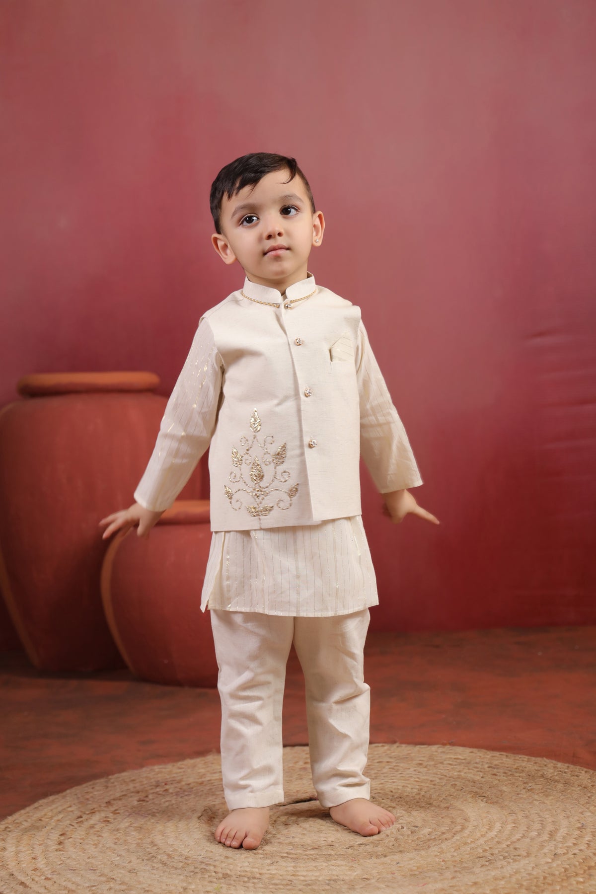 Boy 3 Pc Royal Zardozi Bundy Set - White