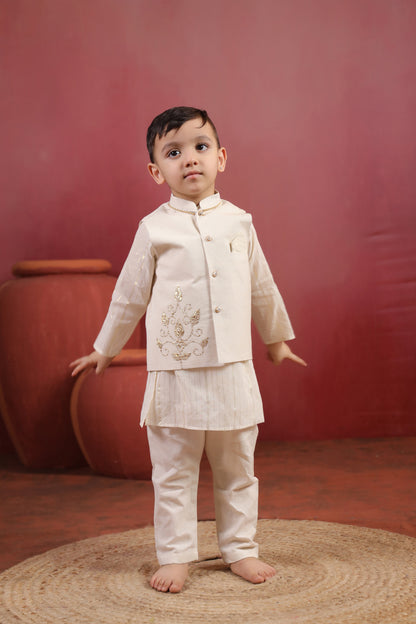 Boy 3 Pc Royal Zardozi Bundy Set - White