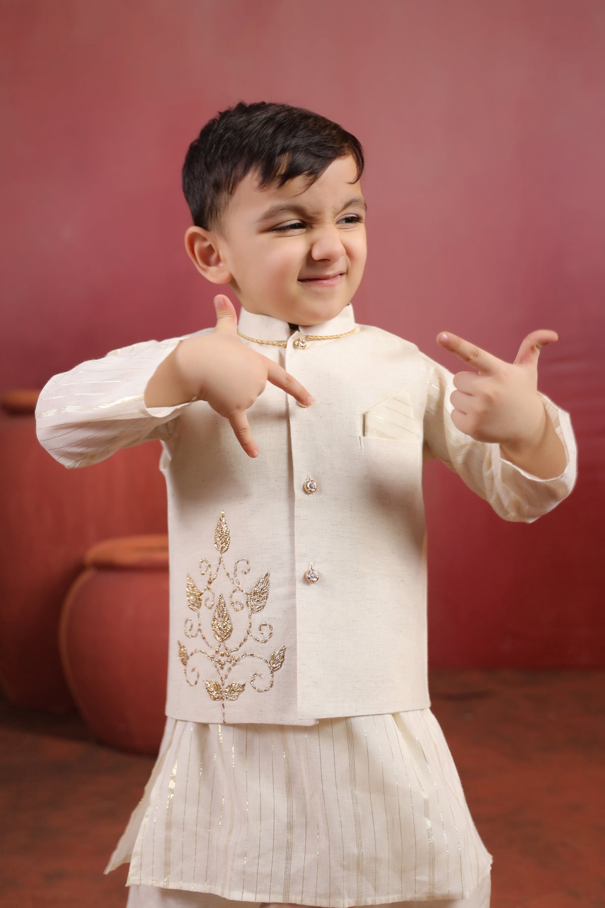 Boy 3 Pc Royal Zardozi Bundy Set - White