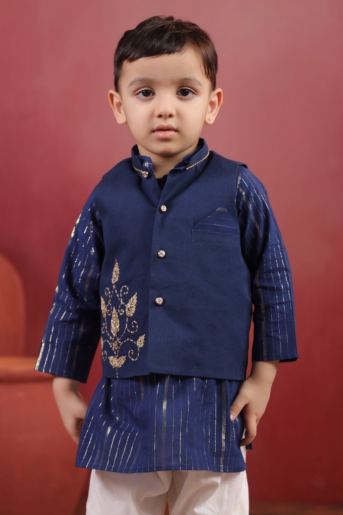 Boy 3 Pc Royal Zardozi Bundy Set - Navy Blue