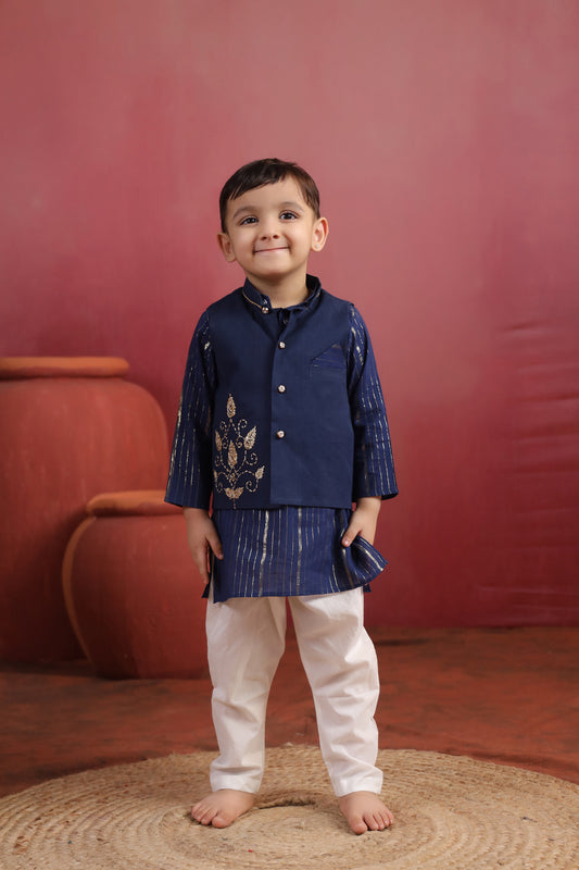 Boy 3 Pc Royal Zardozi Bundy Set - Navy Blue