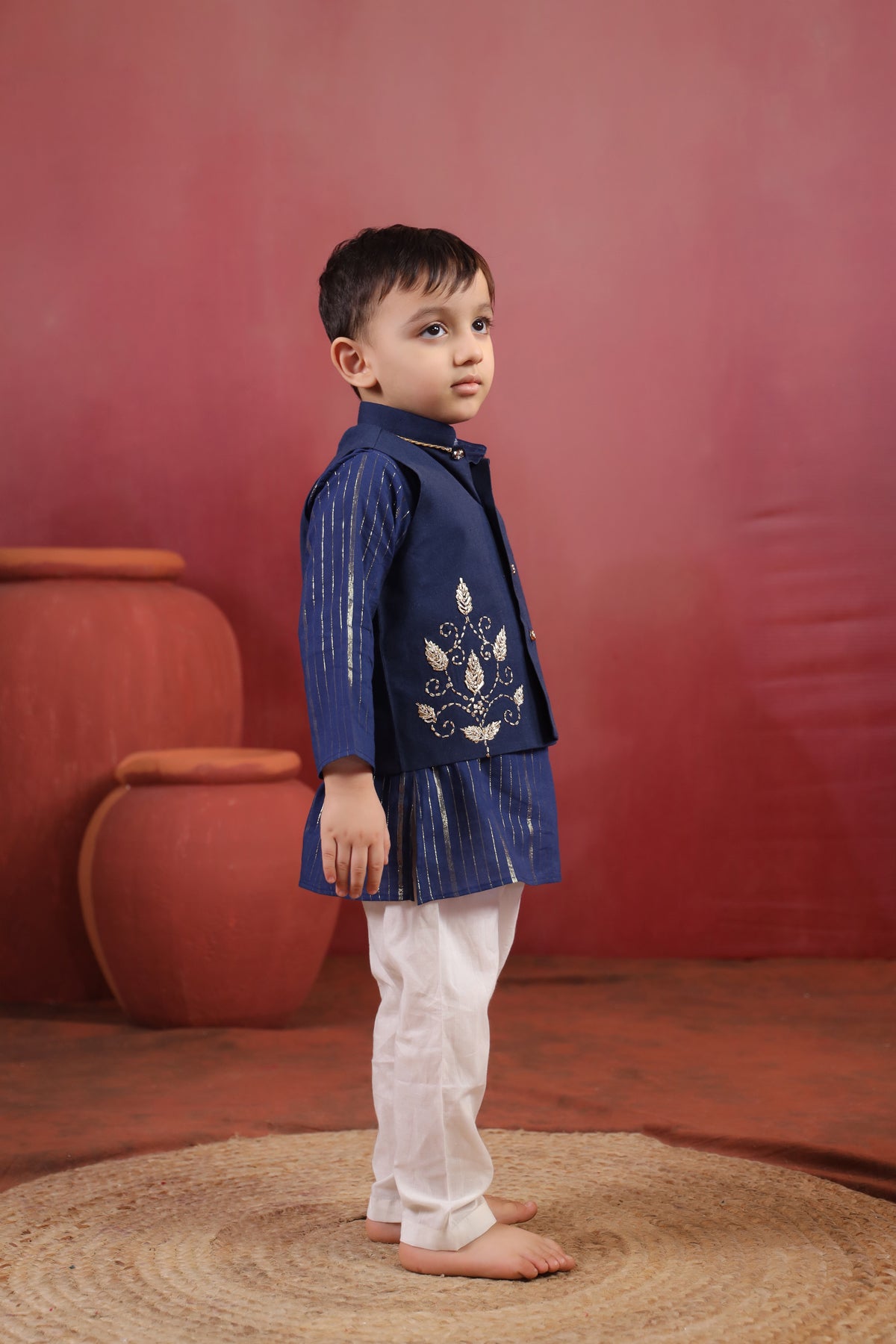 Boy 3 Pc Royal Zardozi Bundy Set - Navy Blue