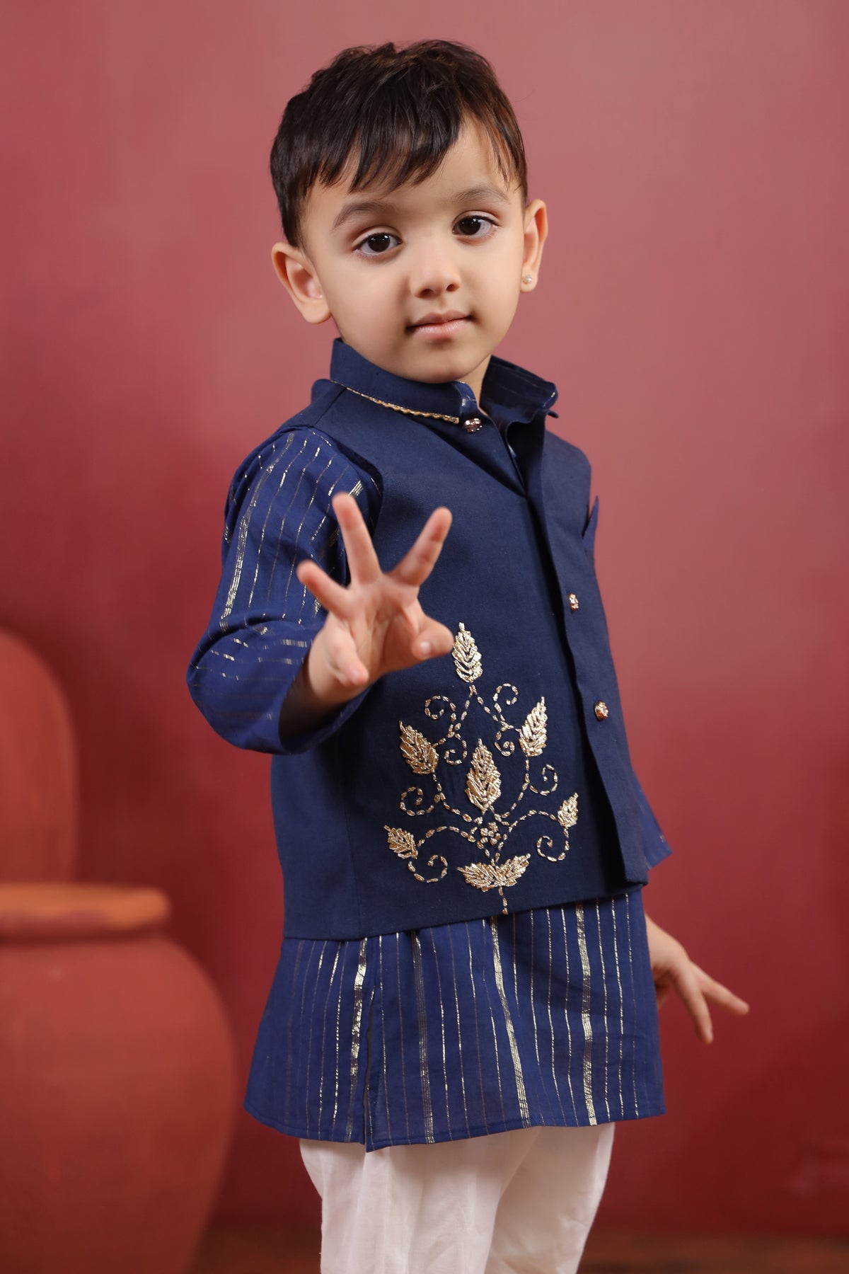 Boy 3 Pc Royal Zardozi Bundy Set - Navy Blue