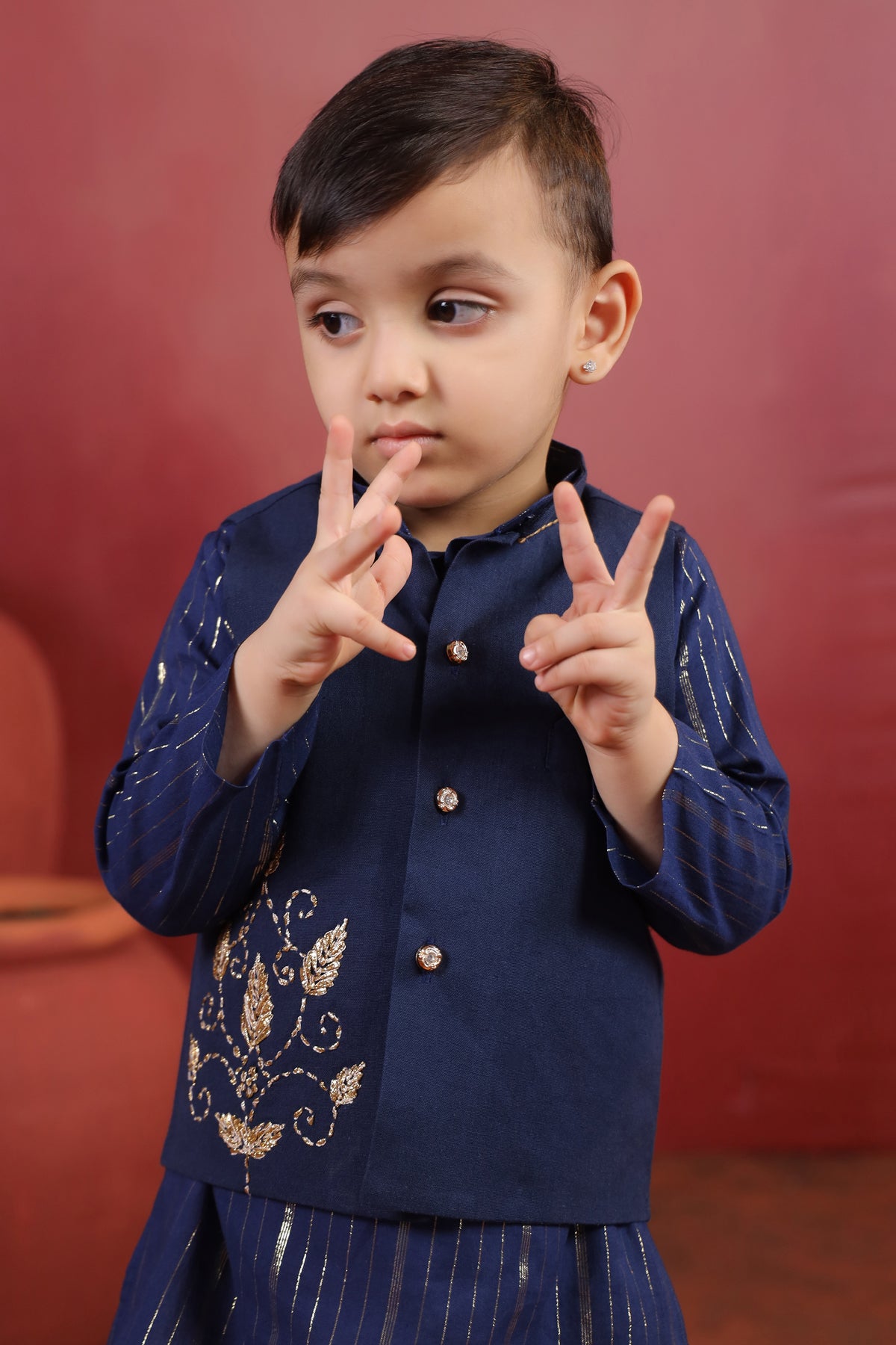 Boy 3 Pc Royal Zardozi Bundy Set - Navy Blue