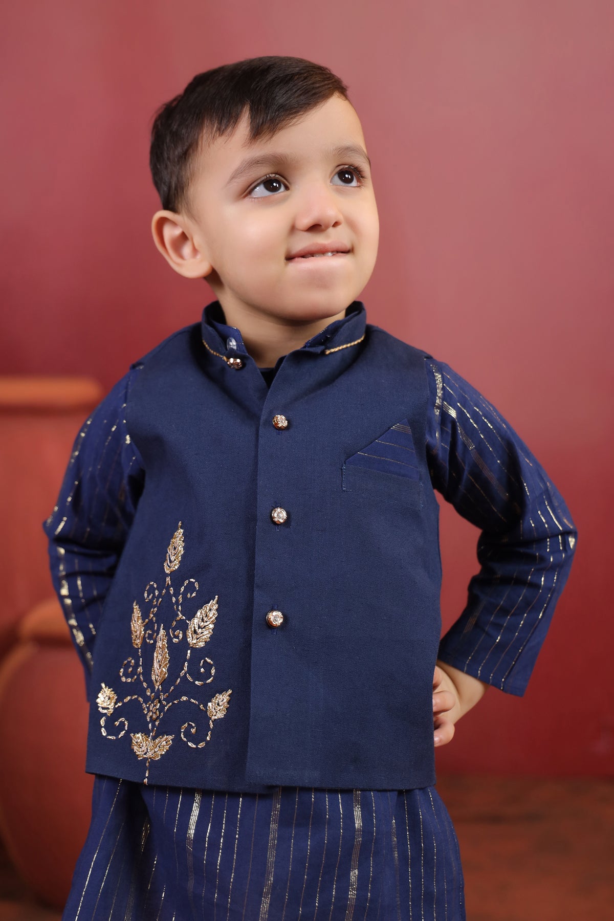 Boy 3 Pc Royal Zardozi Bundy Set - Navy Blue
