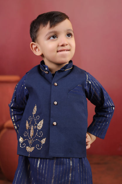 Boy 3 Pc Royal Zardozi Bundy Set - Navy Blue