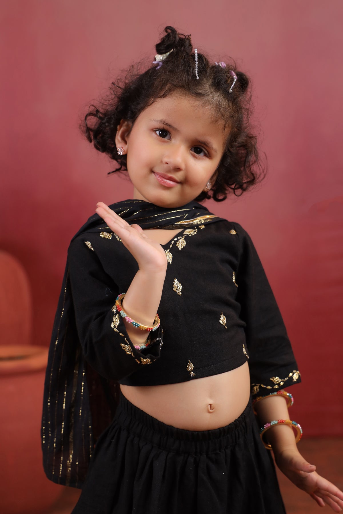 Girl Rani Embroidered Skirt Top Set - Black
