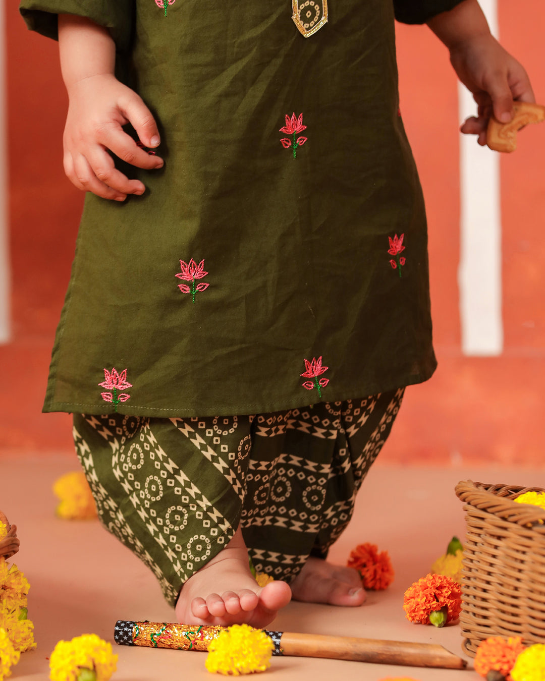 Rasleela Dhoti Kurta Dupatta Set - Mehandi Green