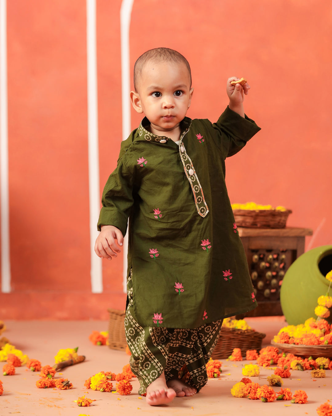 Rasleela Dhoti Kurta Dupatta Set - Mehandi Green