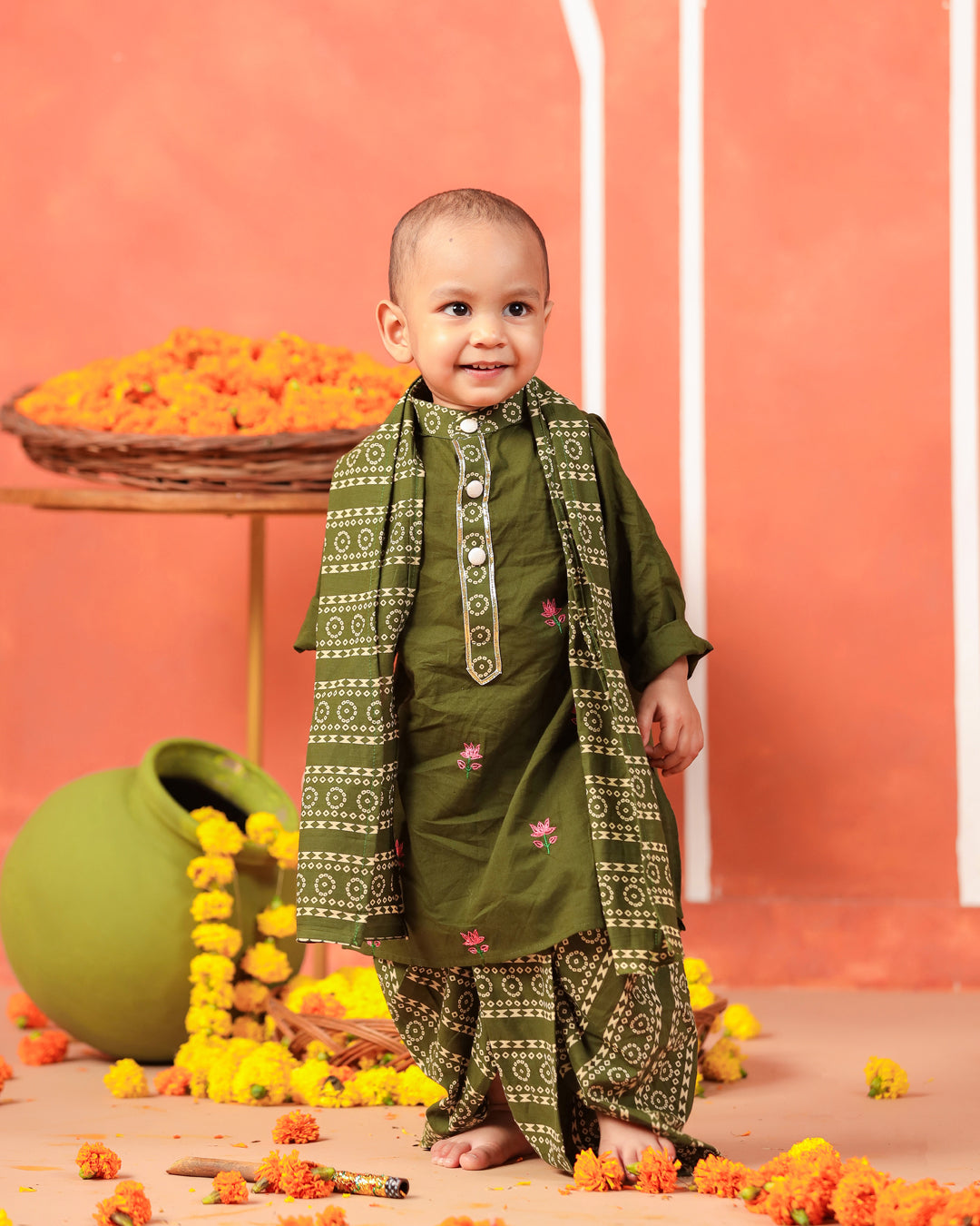 Rasleela Dhoti Kurta Dupatta Set - Mehandi Green