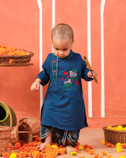 Vrindavan Dhoti Kurta Set - Teal Blue