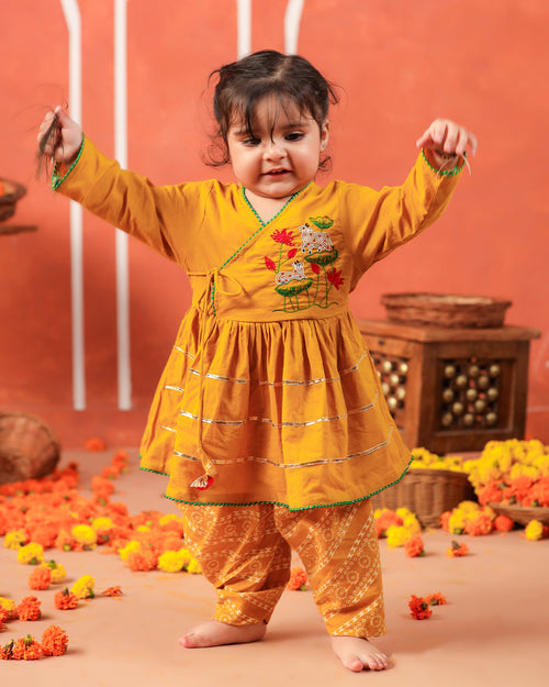 Radha Rani Peplum Kurta Dhoti Set- Mustard Yellow