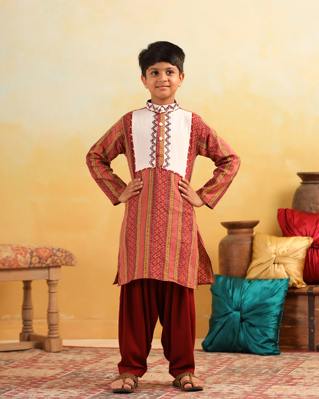 Boy Dhola Maru Kurta Set - Peachish pink